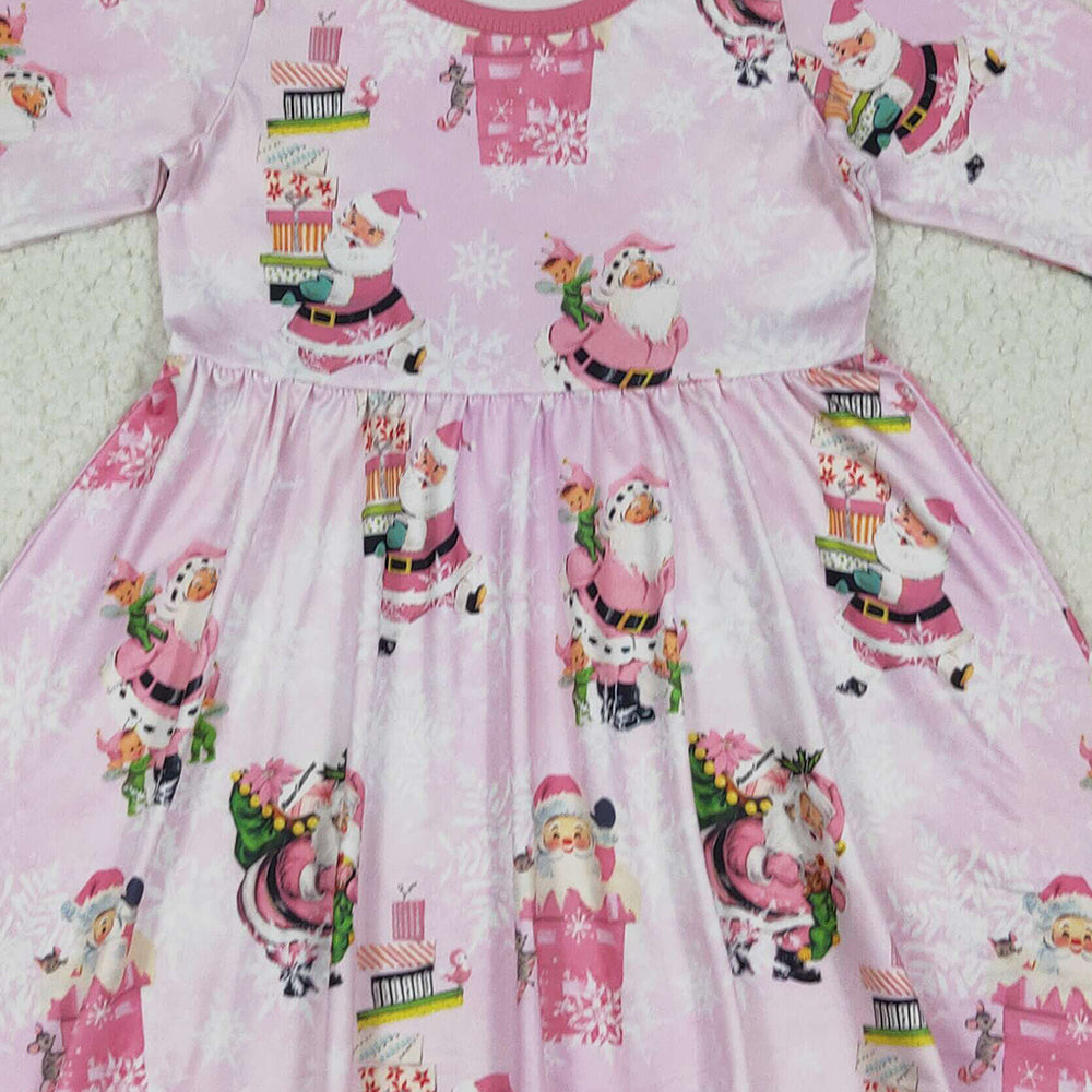 RTS NO MOQ （In stock）GLD0354 Baby Girls Winter Dress Baby Girls Christmas Pink Santa Present Knee Length Dresses