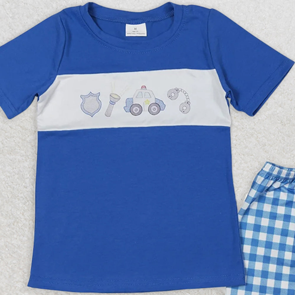 BSSO0665 RTS NO MOQBaby Boys Summer Boys Outfits Baby Boys Police Blue Shirt Shorts Outfits Clothes Sets