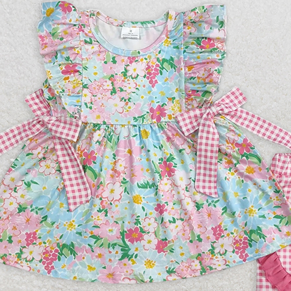 GSSO2111RTS NO MOQ Baby Girls Summer Outfits Baby Girls Ruffle Pink Plaid Bow Floral Summer Clothes Set Cute Toddler Outfit with Skirt And Top