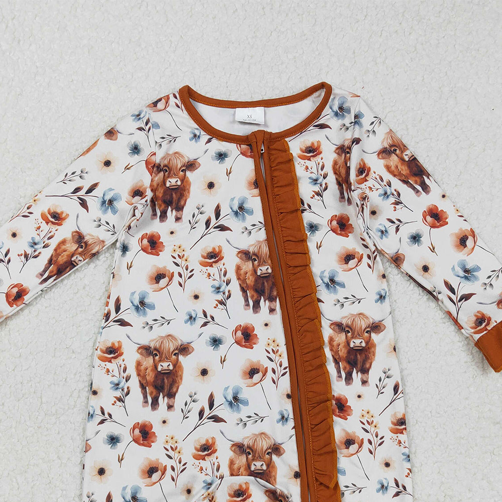 RTS NO MOQ （In stock）LR1624 Baby Girls Winter Rompers  Western Highland Cow Flowers Design Cute Baby Clothes