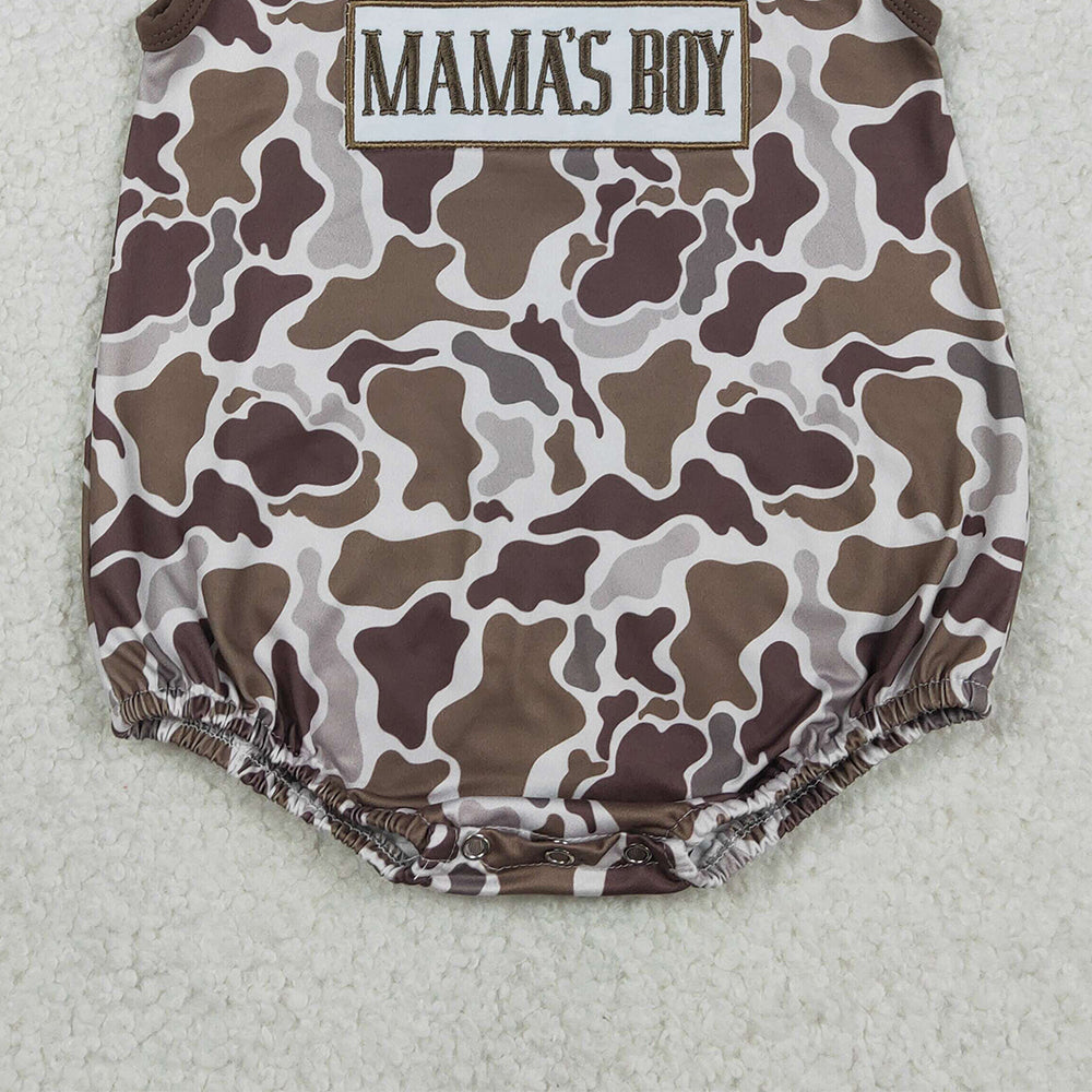 1.28 RTS NO MOQ （In stock）SR3889 Embroidery Mama's Boy Southern Brown Camo Sleeveless Rompers