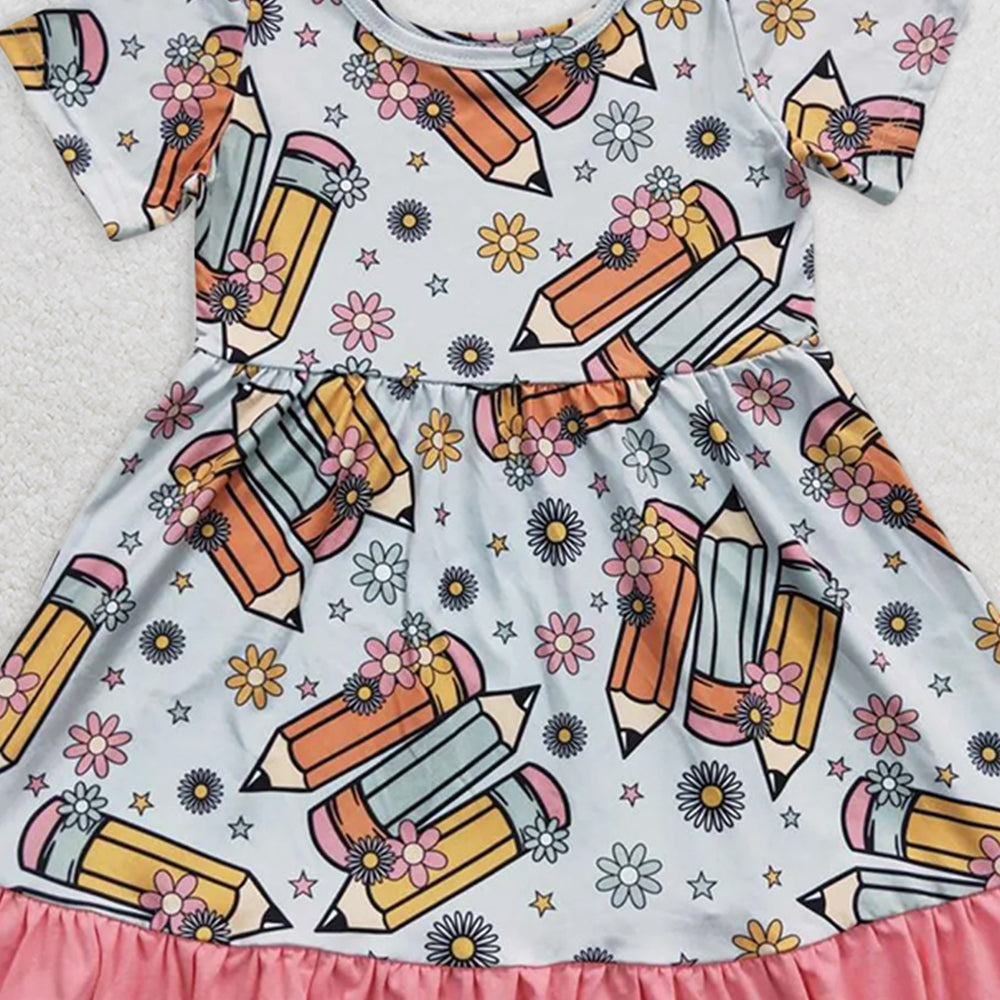 GSD0379 RTS NO MOQ Baby Girls Summer Dress Back to school pencil light blue pink hem short sleeve dress