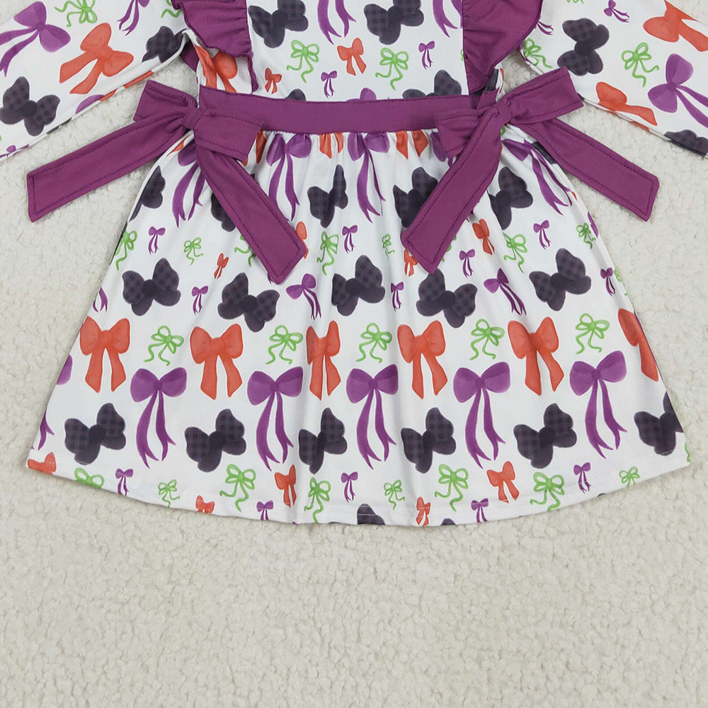 RTS NO MOQ （In stock）GLD1113 Baby Girls Winter Dress Baby Girls Halloween Colorful Bows Knee Length Dresses