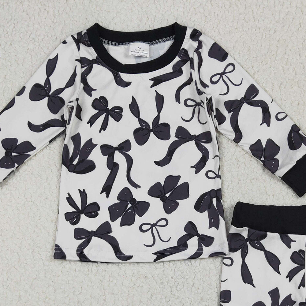 8.18   GLP2395 RTS NO MOQ Baby Girls Winter Outfits Baby Girls Long Sleeves Black Bows Top Pant Pajamas Set