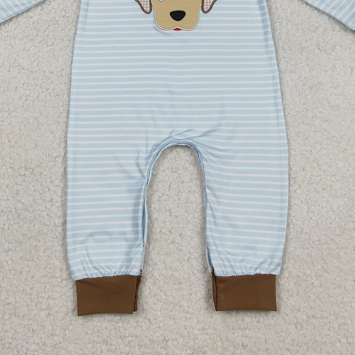 12.15 RTS NO MOQ （In stock）LR2659 Baby Boys Winter Rompers Embroidery Dog Baby Boys Blue Stripe Valentines Footie Rompers