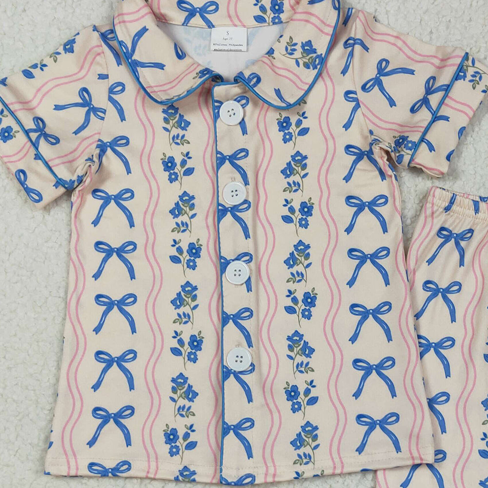 RTS NO MOQ （In stock）GSPO2050 Baby Girl Autumn Outfits Baby Girls Short Sleeves Blue Bows Flower Stripe Top Pants Pajamas Sets