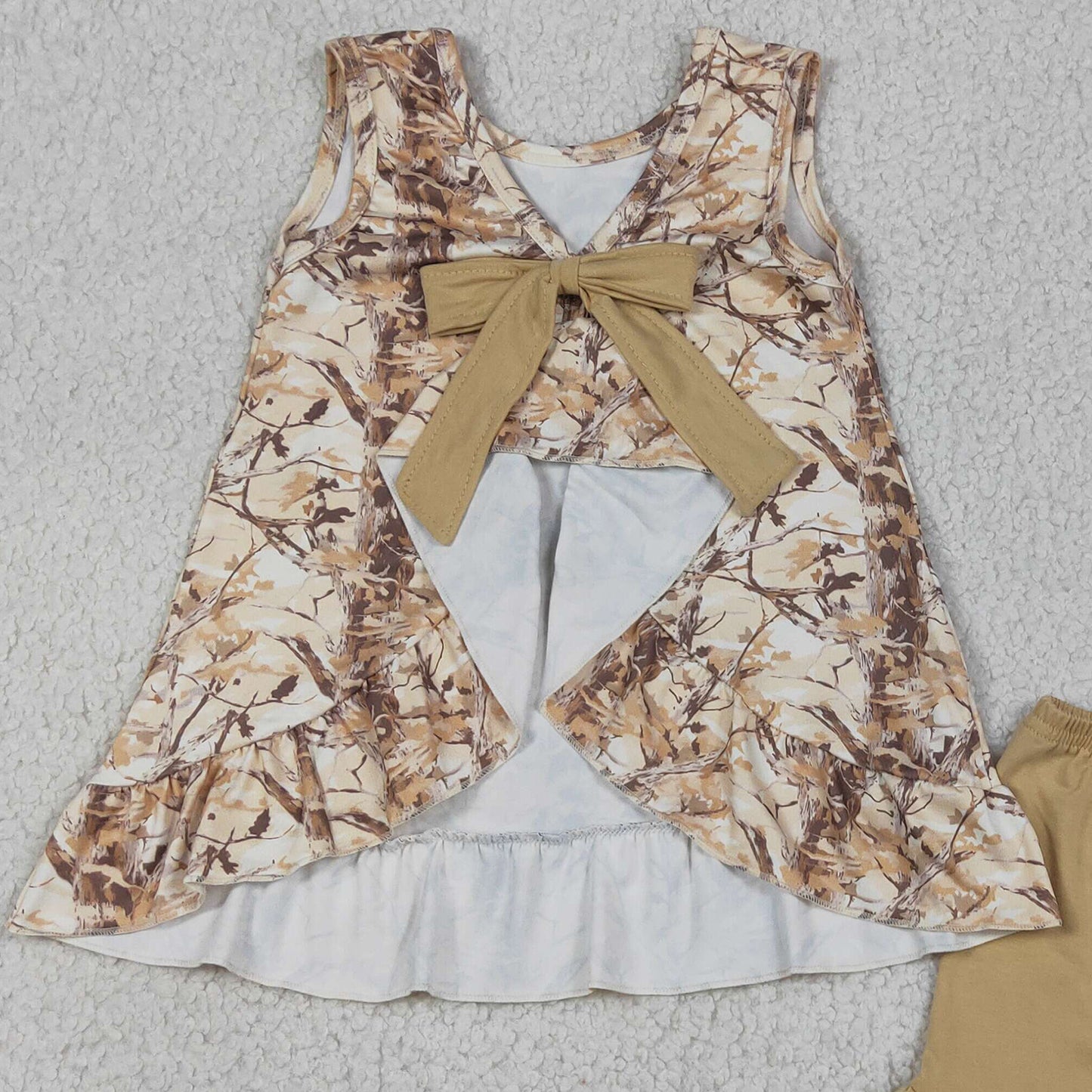 GSSO3467  RTS NO MOQ （In stock）Baby Girls Sleeveless Southern Leaves Camo Tunic Ruffle Shorts Clothes Sets