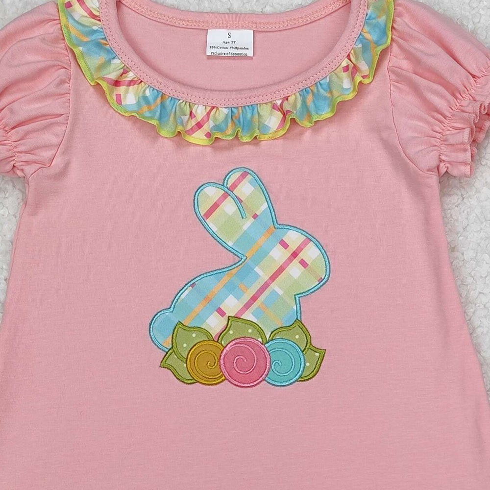 GSPO0974Girls Pink Floral Rabbit Tunic Ruffle Pants Outfit Easter Themed Children's Clothing Set