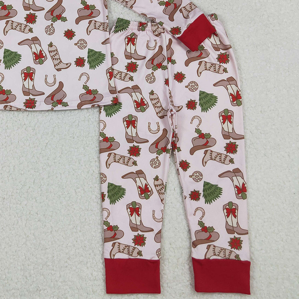 RTS NO MOQ （In stock）GLP2729 Baby Girls Winter Outfits Boots Holly Top Pant Christmas Pajamas Sets