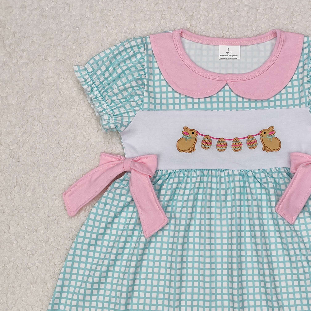 GSD1773Girls Plaid Bunny Eggs Bow Easter Dress Short Sleeves Spring Frock for Kids
