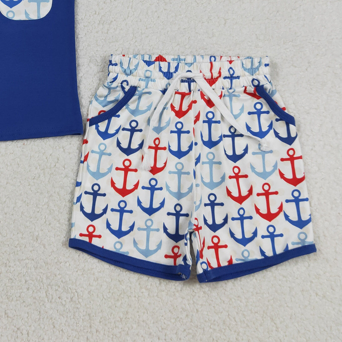 3.18 RTS NO MOQ （In stock）BSSO1874 Fashion Clothing For Baby Boys Hot Blue Shirt Top Boats Fishing Pocket Shorts Clothes Sets