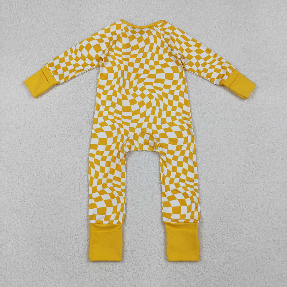 10.1 RTS NO MOQ （In stock）LR1089 Baby Boys Winter Rompers Baby Infant Boys Yellow Checkered Zip Footie Long Sleeve Rompers