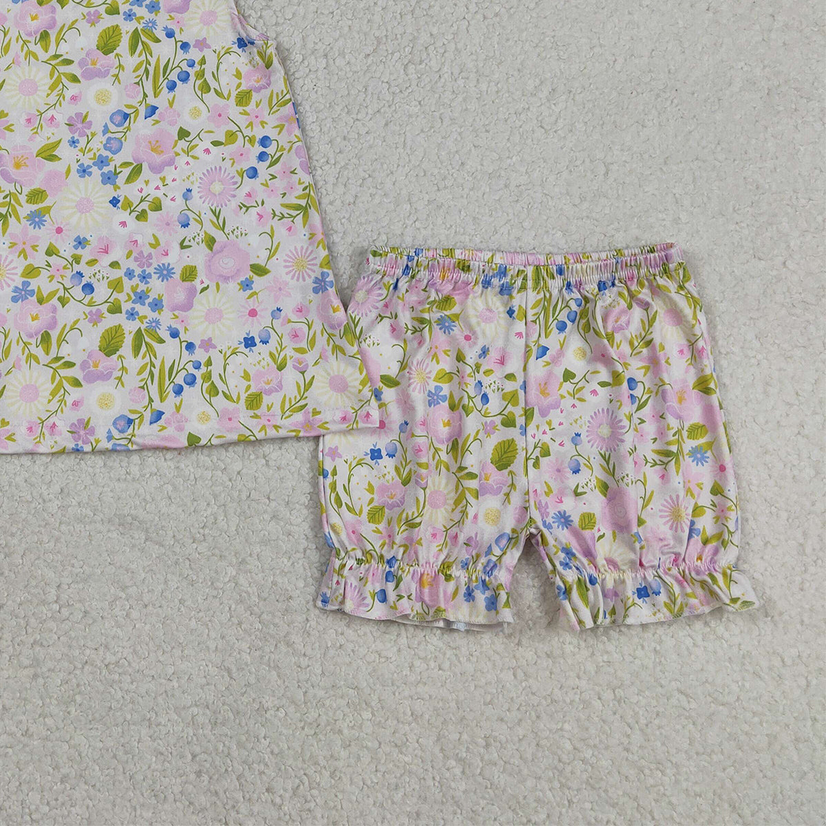 3.13 RTS NO MOQ （In stock）GSSO2778 Kids Clothing for Girls Baby Girls Pink Strap Flowers Tunic Ruffle Shorts Clothes Sets