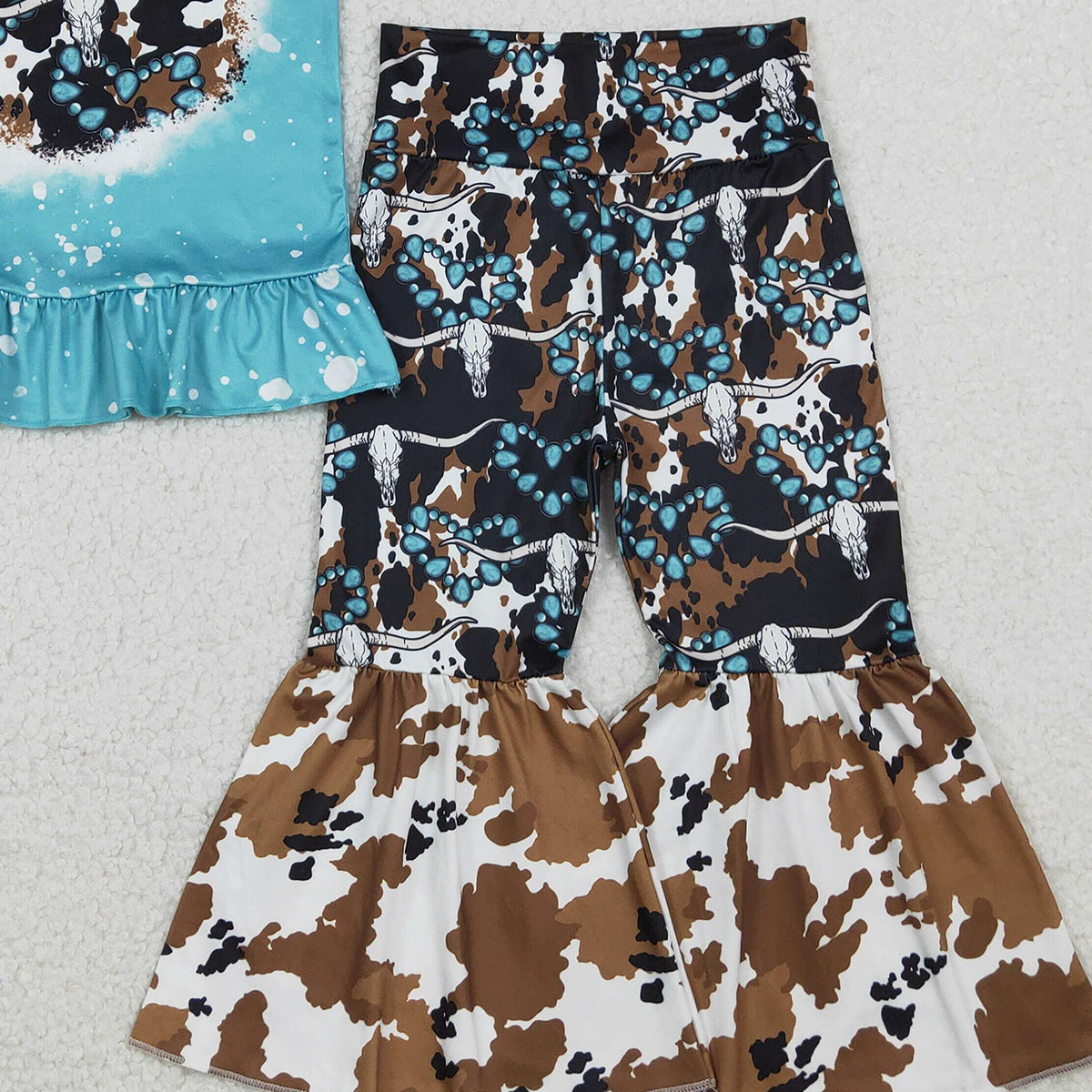 1.20 RTS NO MOQ （In stock）GSPO2116 Baby Girls Bull Skulls Turquoises Top Bell Bottom Pants Western Clothes Sets