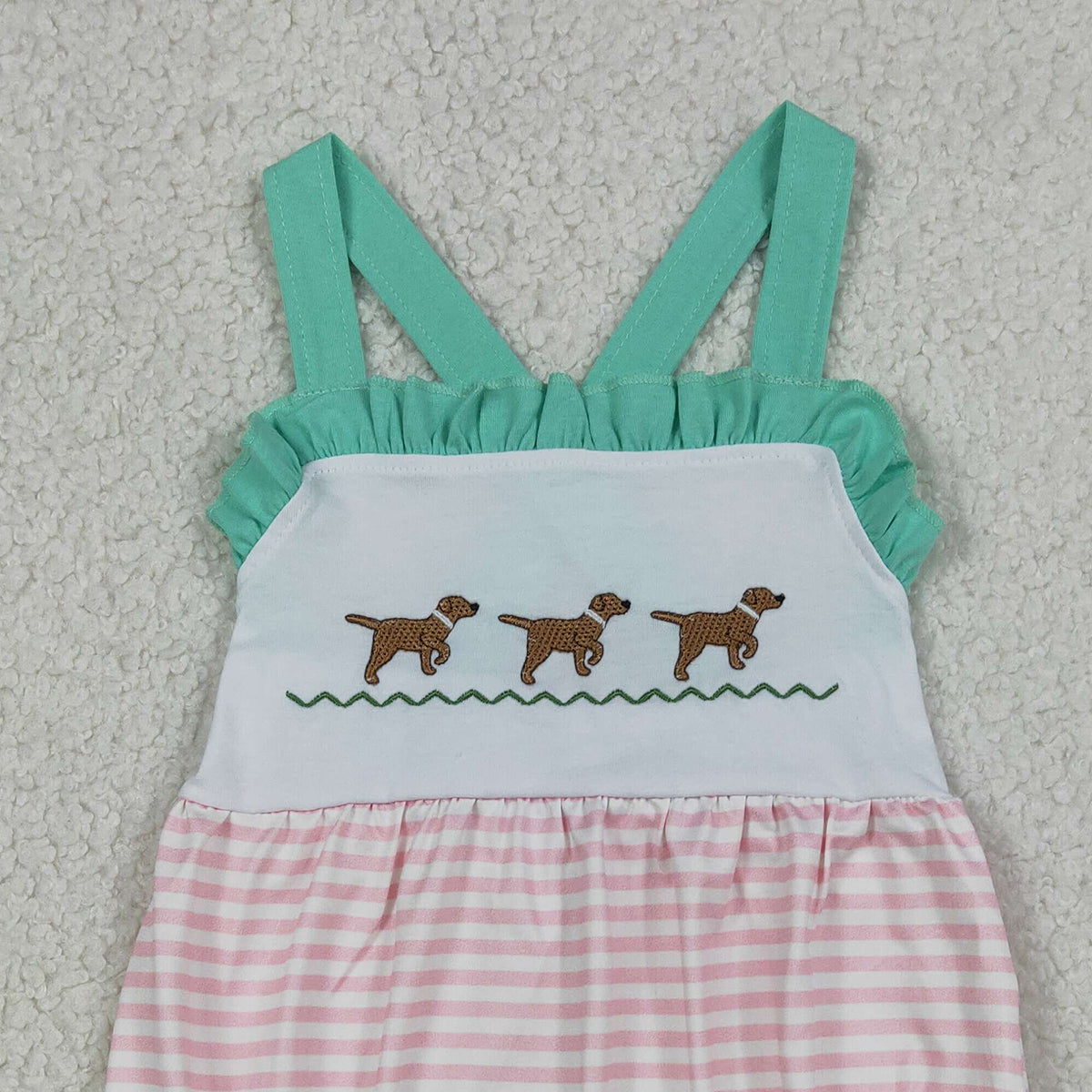 3.19 RTS NO MOQ （In stock）SR3558 Children's Fashion Romper Baby Girls Strap Embroidery Dogs Pink Stripe Hunting Rompers