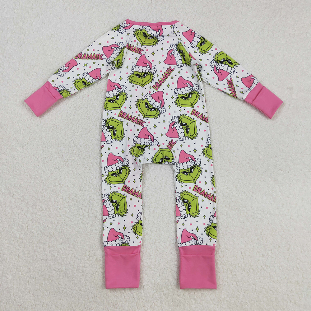RTS NO MOQ （In stock）LR2495 Baby Girls Winter Rompers Baby Girls Green Faces Stars Plaid Ruffle Zipper Christmas Rompers