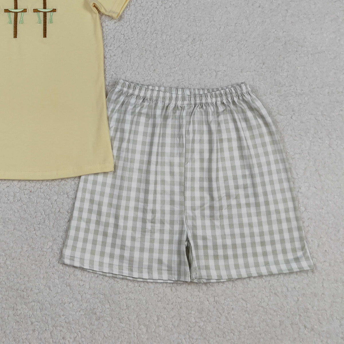 3.14 RTS NO MOQ （In stock）BSSO1717 Kids Clothing for Baby Boys Embroidery Short Sleeve Crosses Top Checked Shorts Easter Clothes Sets