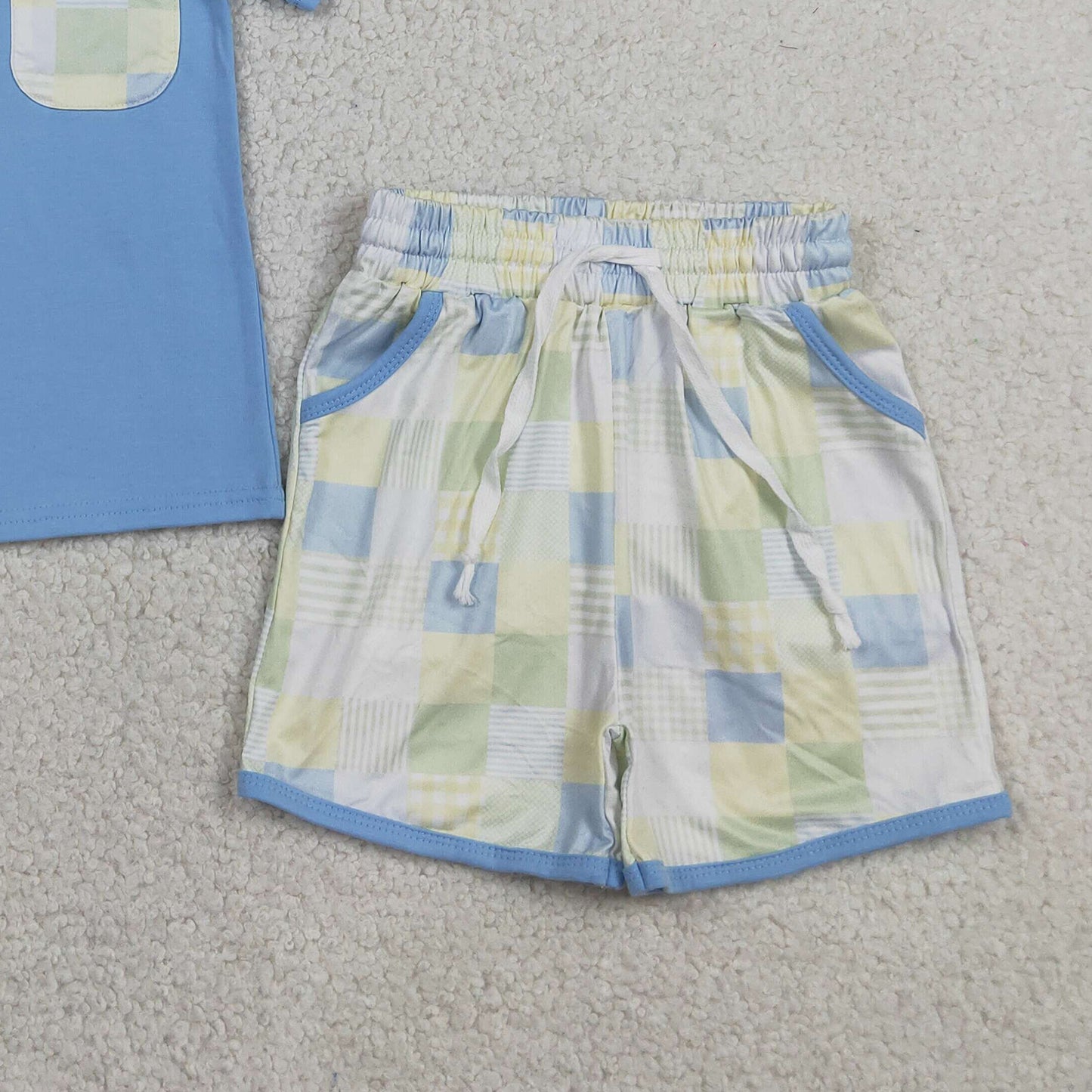 BSSO1950 RTS NO MOQ （In stock ）Baby Boys Light Blue Short Sleeve Shirt Top Checked Pockets Short Clothes Sets