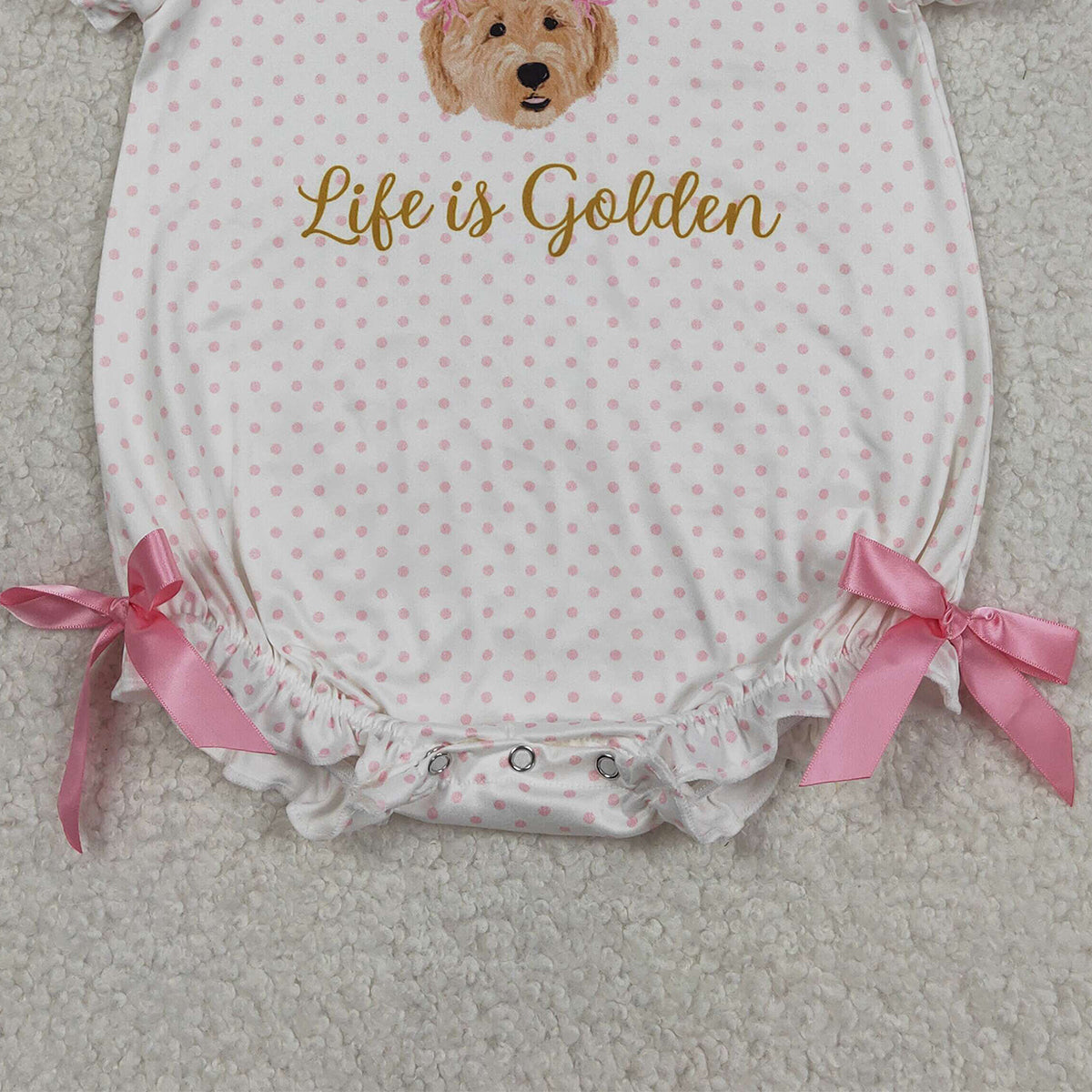 3.16 RTS NO MOQ （In stock）SR3779 Children's Fashion Romper Baby Girls Pink Polka Dots Dogs Life is Golden Ruffle Rompers