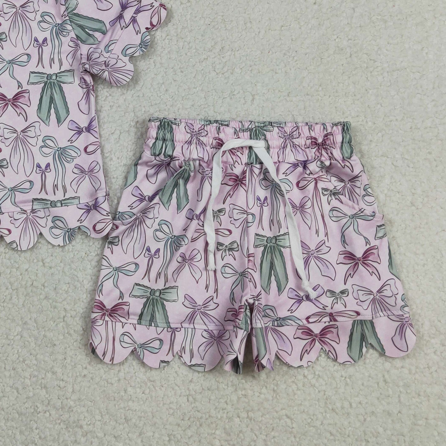 GSSO3409 RTS NO MOQ （In stock ）Short sleeves bows scallop top shorts girls summer clothes