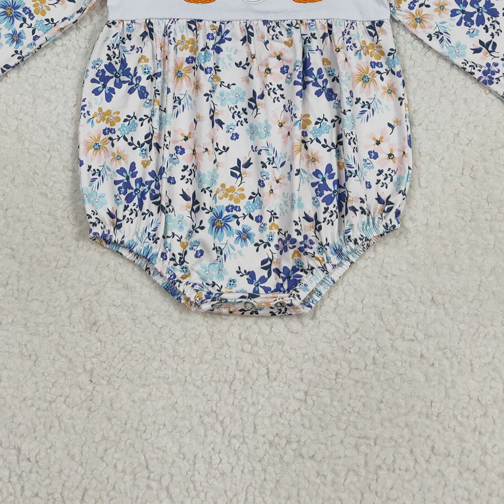 RTS NO MOQ （In stock）LR2246 Baby Girls Winter Rompers Embroidery Pumpkins Scarecrow Baby Girls Floral Ruffle Rompers