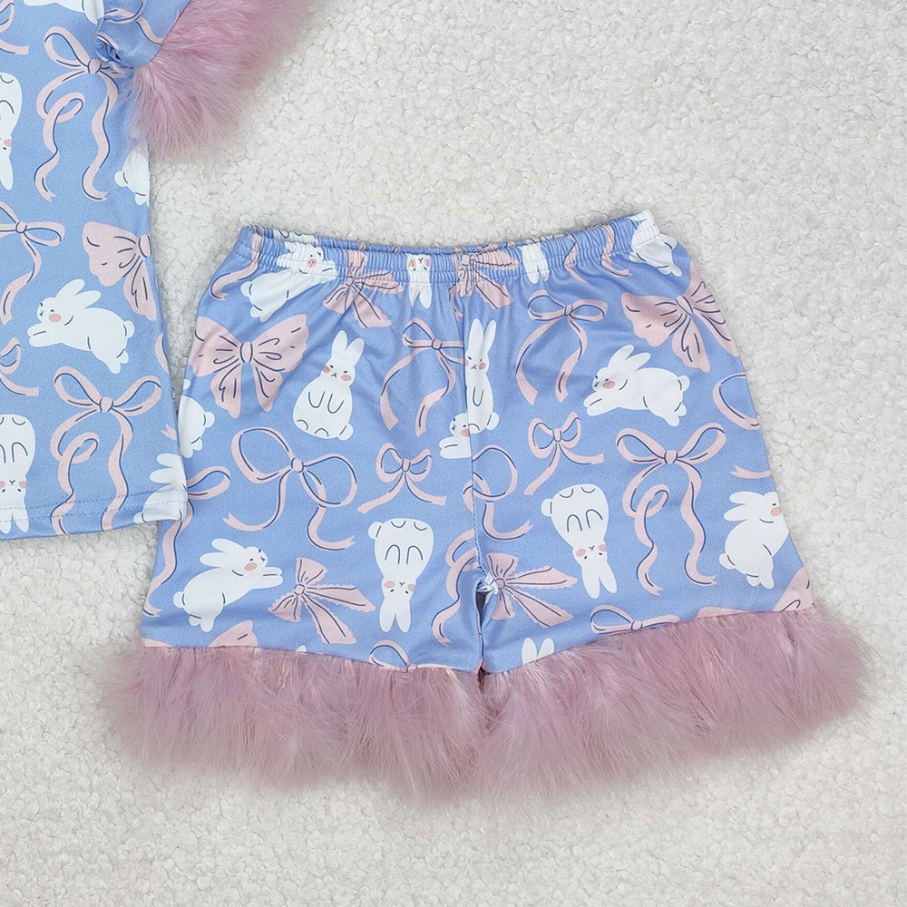GSSO1946Baby Girls Easter Themed Bows Fur Print Shirt And Shorts Pajamas Set Cute Infant Clothing for Spring
