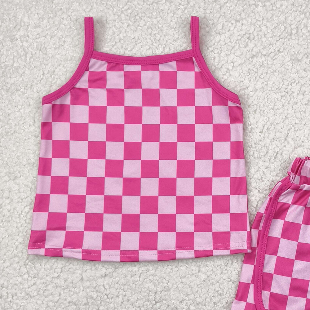 7.19 GSSO2336 RTS NO MOQ  Baby Girls Summer Outfits baby girls clothes plaid pink sleeveless shorts set