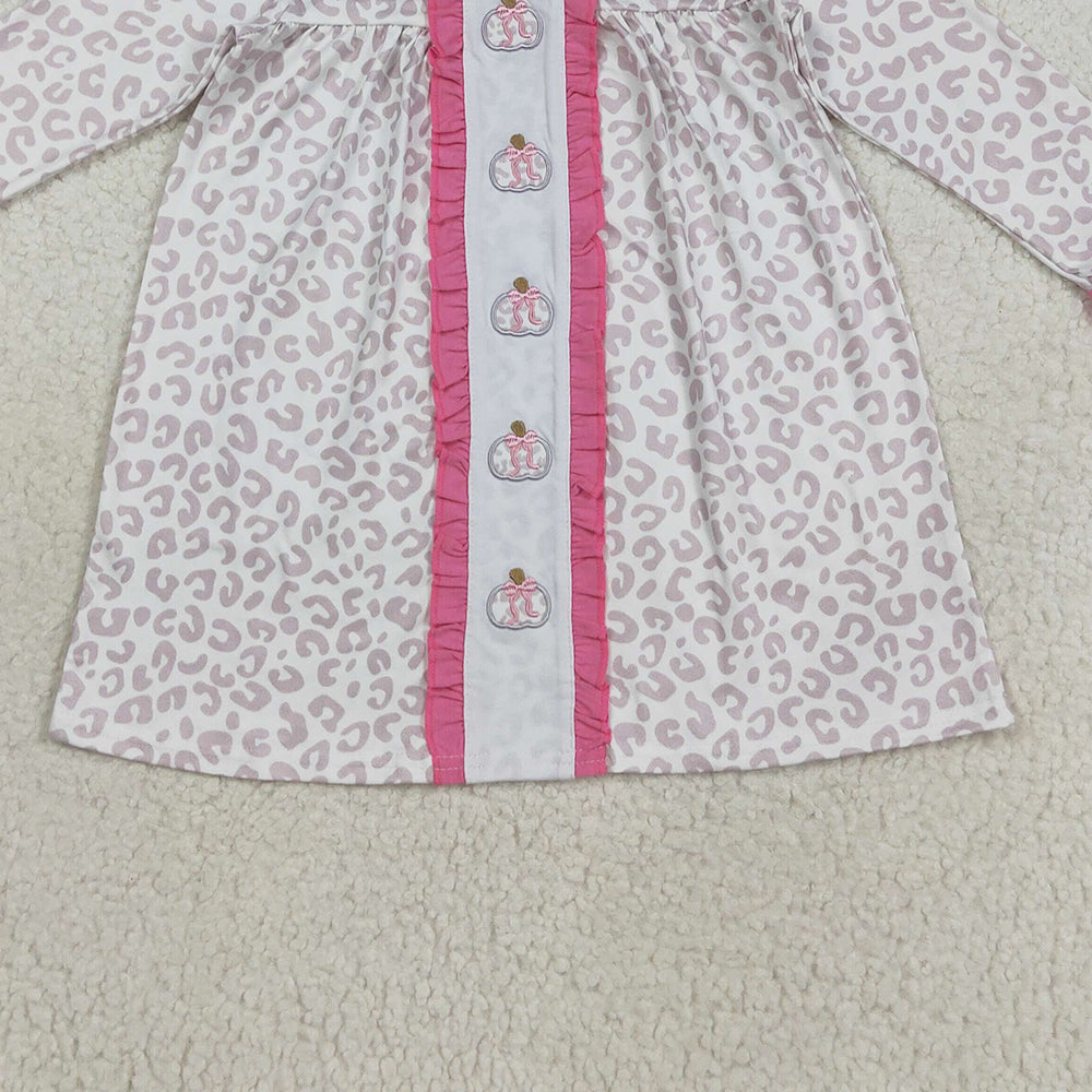 RTS NO MOQ （In stock）GLD1054 Baby Girls Winter Dress Embroidery Pumpkins Baby Girls Pink Leopard Fall Knee Length Dresses