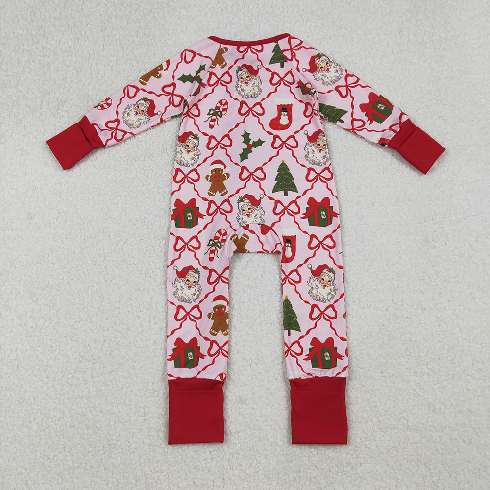 9.29 RTS NO MOQ （In stock）LR2632 Baby Girls Winter Rompers Baby Girls Red Bows Santa Gifts Checked Christmas Zipper Footie Rompers