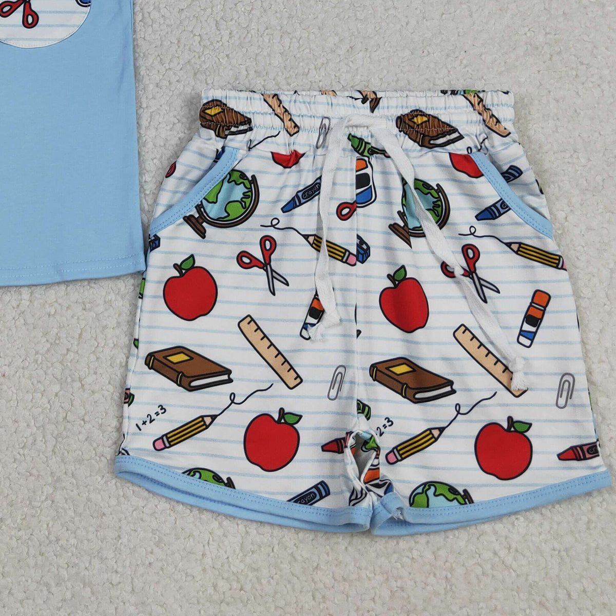 4.7 BSSO1921 RTS NO MOQ （In stock ）Baby Boys Apples Pencils Top Pockets Shorts Back to School Clothes Sets