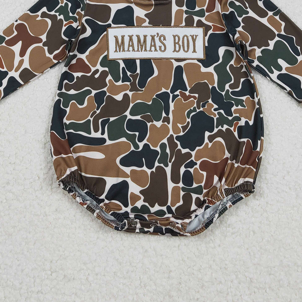 11.18 RTS NO MOQ （In stock）LR2796 Embroidery Mama's Boy Baby Boys Dark Brown Camo Hoodie Rompers