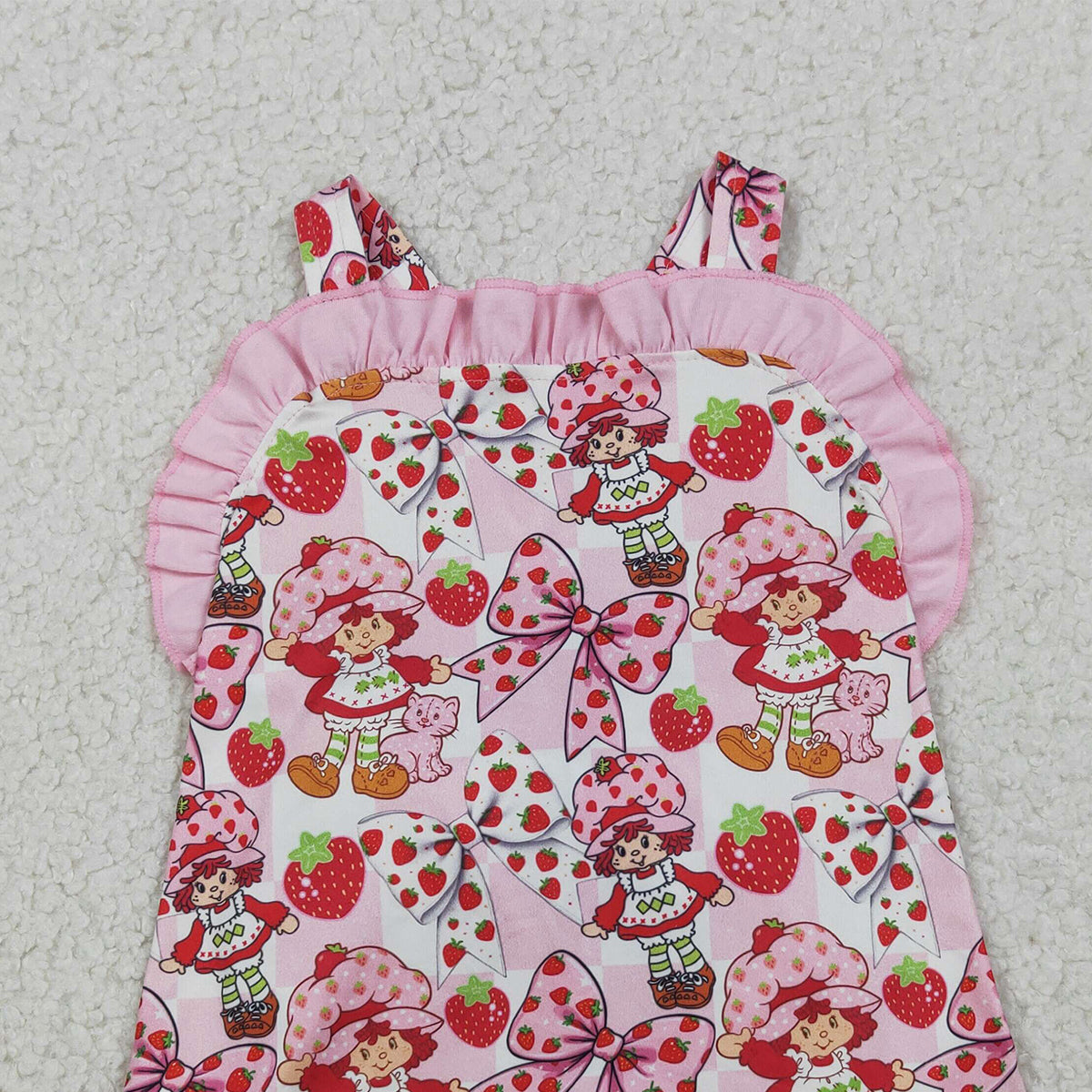 3.31 RTS NO MOQ （In stock）SR3885 Strawberry bow ruffle straps baby girls summer romper