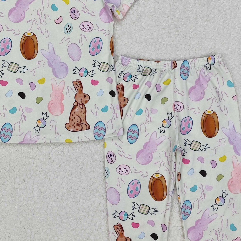 GSPO1960Kids Girls Short Sleeve Easter Pajamas Bunny Eggs Design Comfortable Sleepwear for Spring