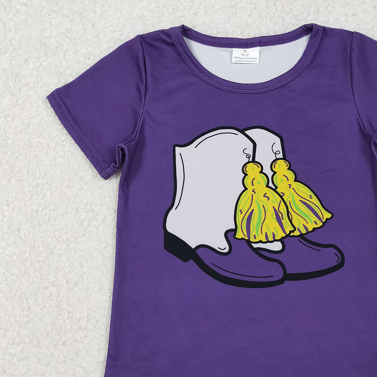 10.30 RTS NO MOQ （In stock）GT1254 Baby Girls Purple Short Sleeve Boots Tassel Mardigras Tee Shirts Top