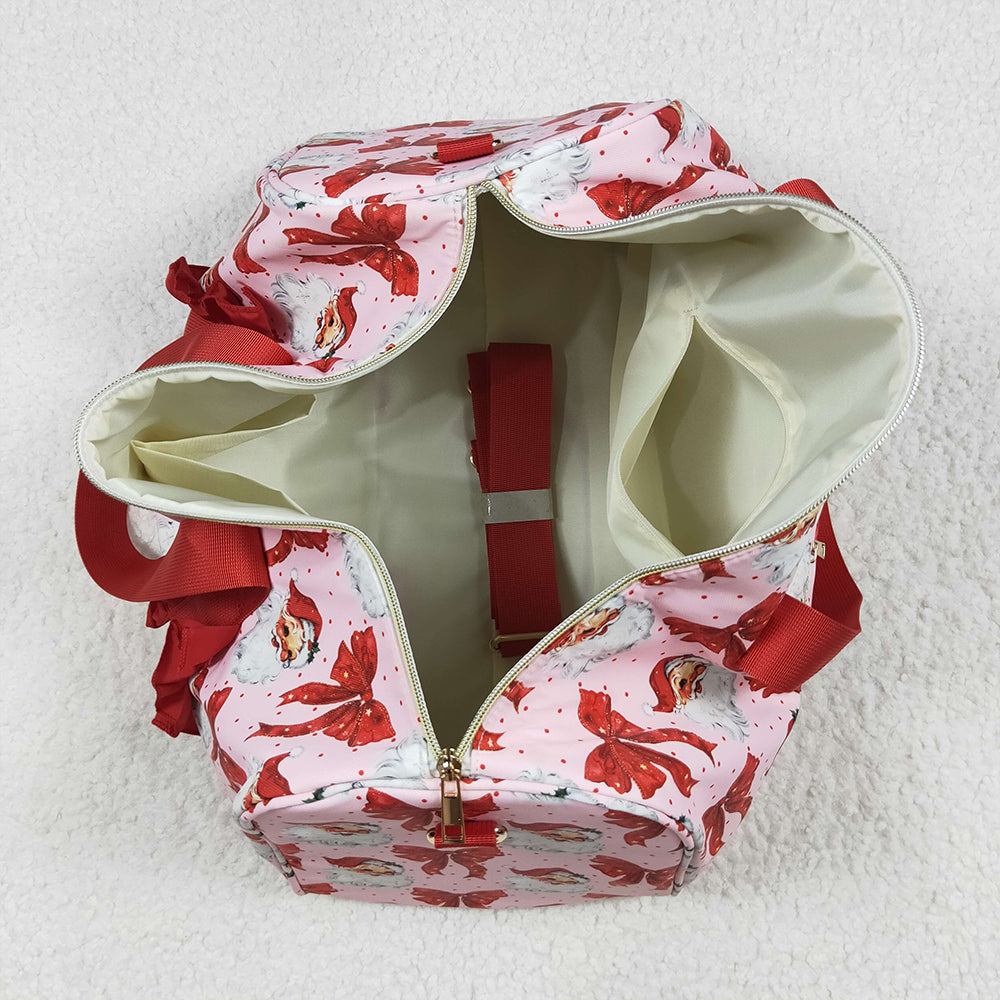 RTS NO MOQ （In stock） BA0306 Baby Bags Christmas Red Ruffle Bows Santa Print Zipper Gym Bags