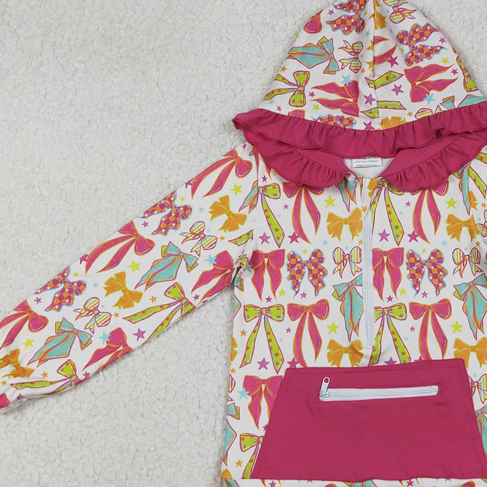 RTS NO MOQ （In stock）GT1121 Baby Girls Long Sleeve Tops Long Sleeves Colorful Bows Stars Pockets Zipper Hoodies Top