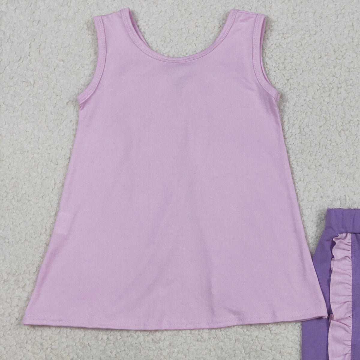 3.30 RTS NO MOQ （In stock）GSSO3461 Sleeveless bow tunic purple shorts girls summer outfits