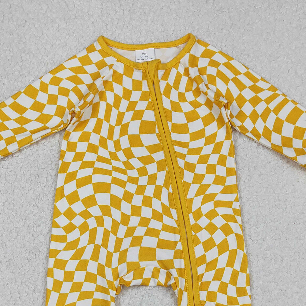 10.1 RTS NO MOQ （In stock）LR1089 Baby Boys Winter Rompers Baby Infant Boys Yellow Checkered Zip Footie Long Sleeve Rompers