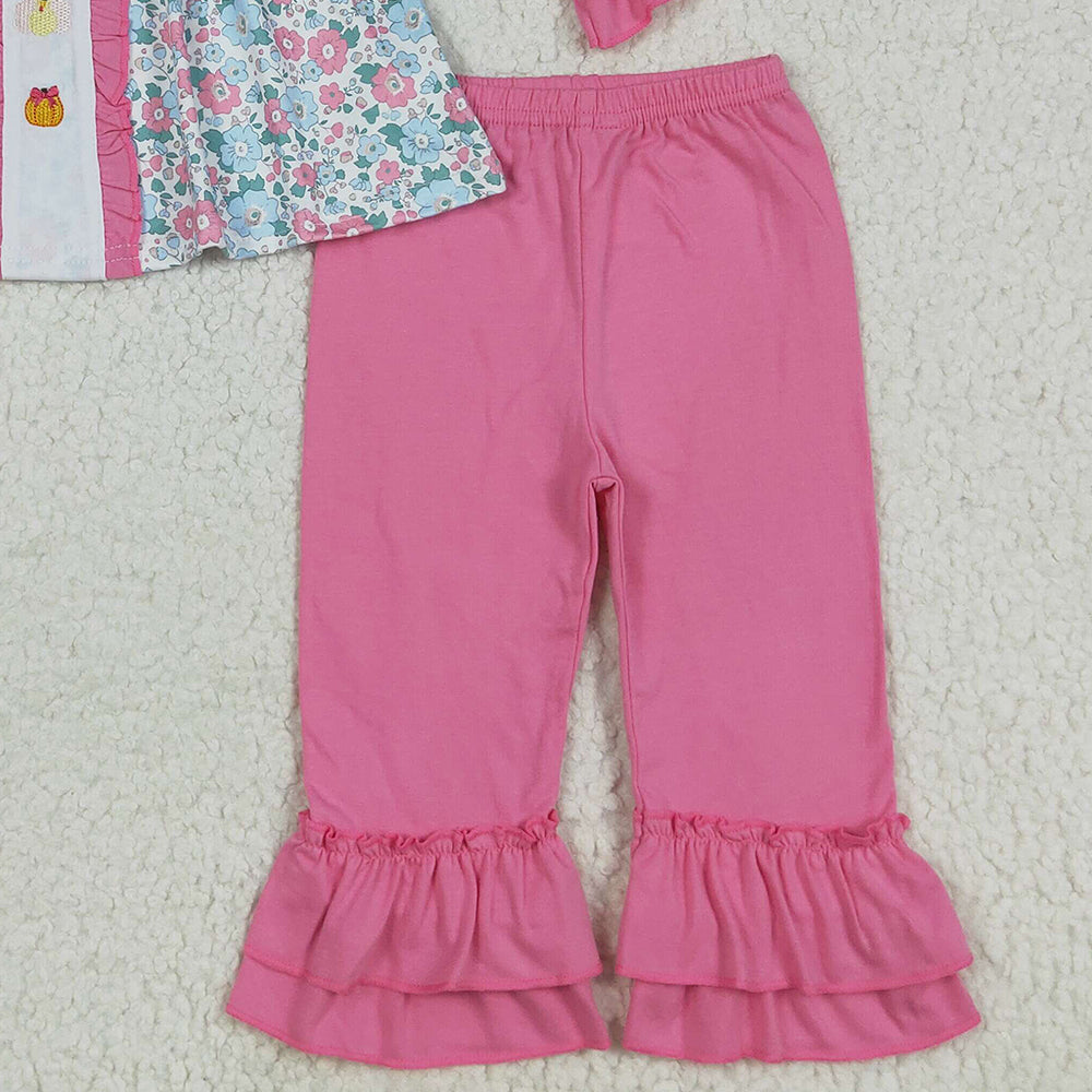7.10 GLP2352RTS NO MOQ Baby Girls Winter Outfits Embroidery Baby Girls Long Sleeves Floral Turkey Pumpkins Tunic Ruffle Pant Set