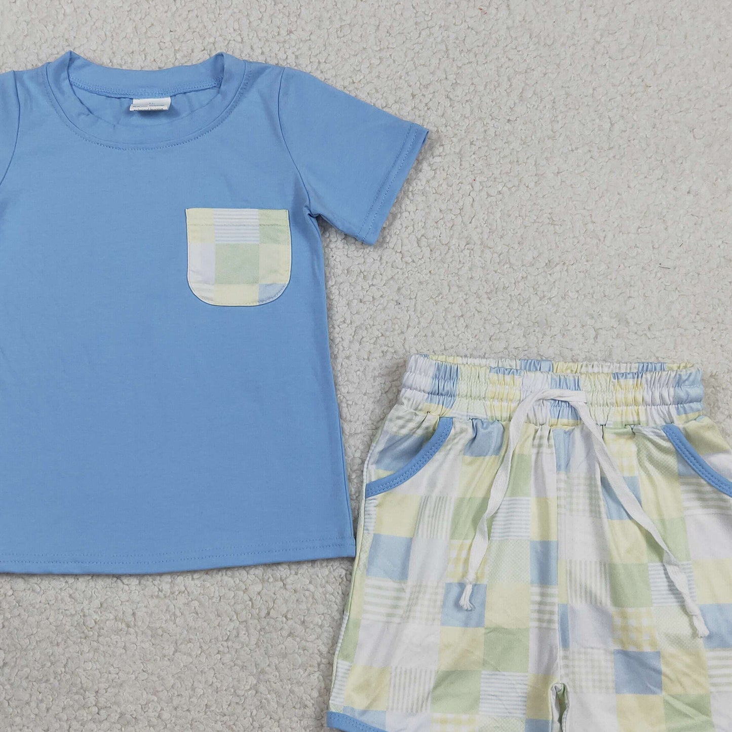 BSSO1950 RTS NO MOQ （In stock ）Baby Boys Light Blue Short Sleeve Shirt Top Checked Pockets Short Clothes Sets
