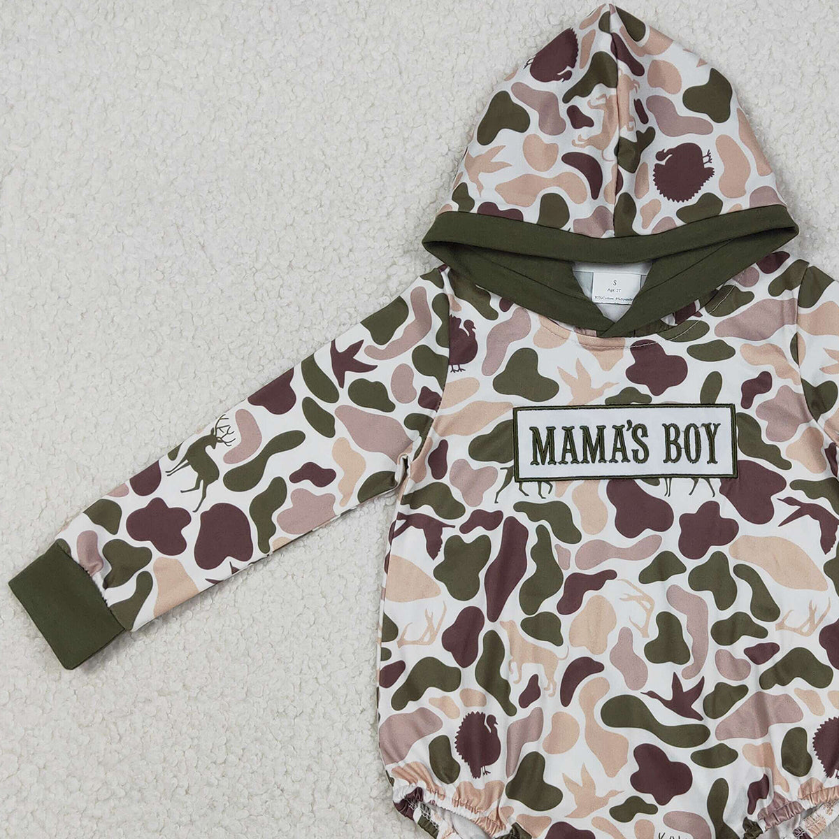 12.6 RTS NO MOQ （In stock）LR2797 Embroidery Mama's Boy Baby Boys Deer Dogs Ducks Camo Hoodie Rompers