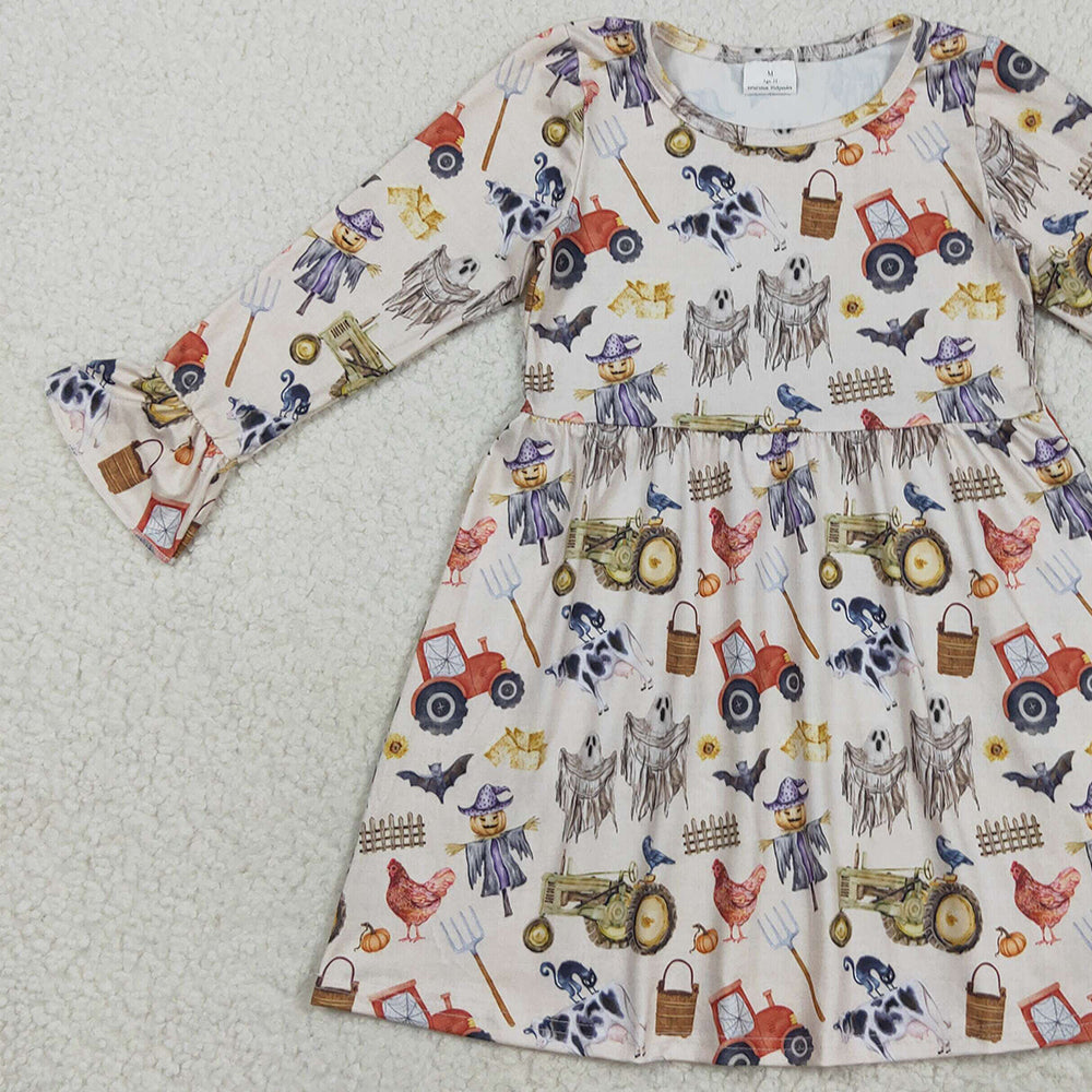 RTS NO MOQ （In stock）GLD1196 Baby Girls Winter Dress Baby Girls Long Ruffle Sleeves Trucks Chicks Farm Knee Length Dresses