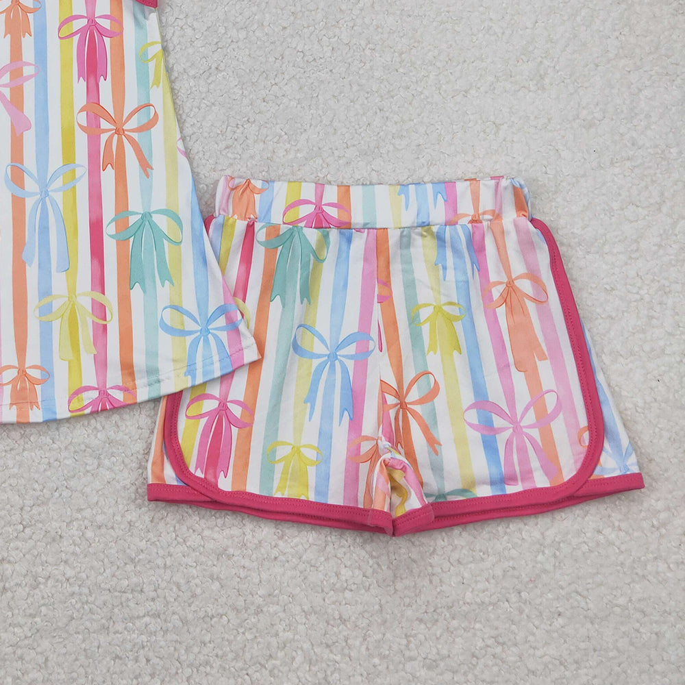 5.17  GSSO2465 RTS NO MOQ Baby Girls Summer Outfits Baby Girls Summer Colorful Bow Striped Shorts Set
