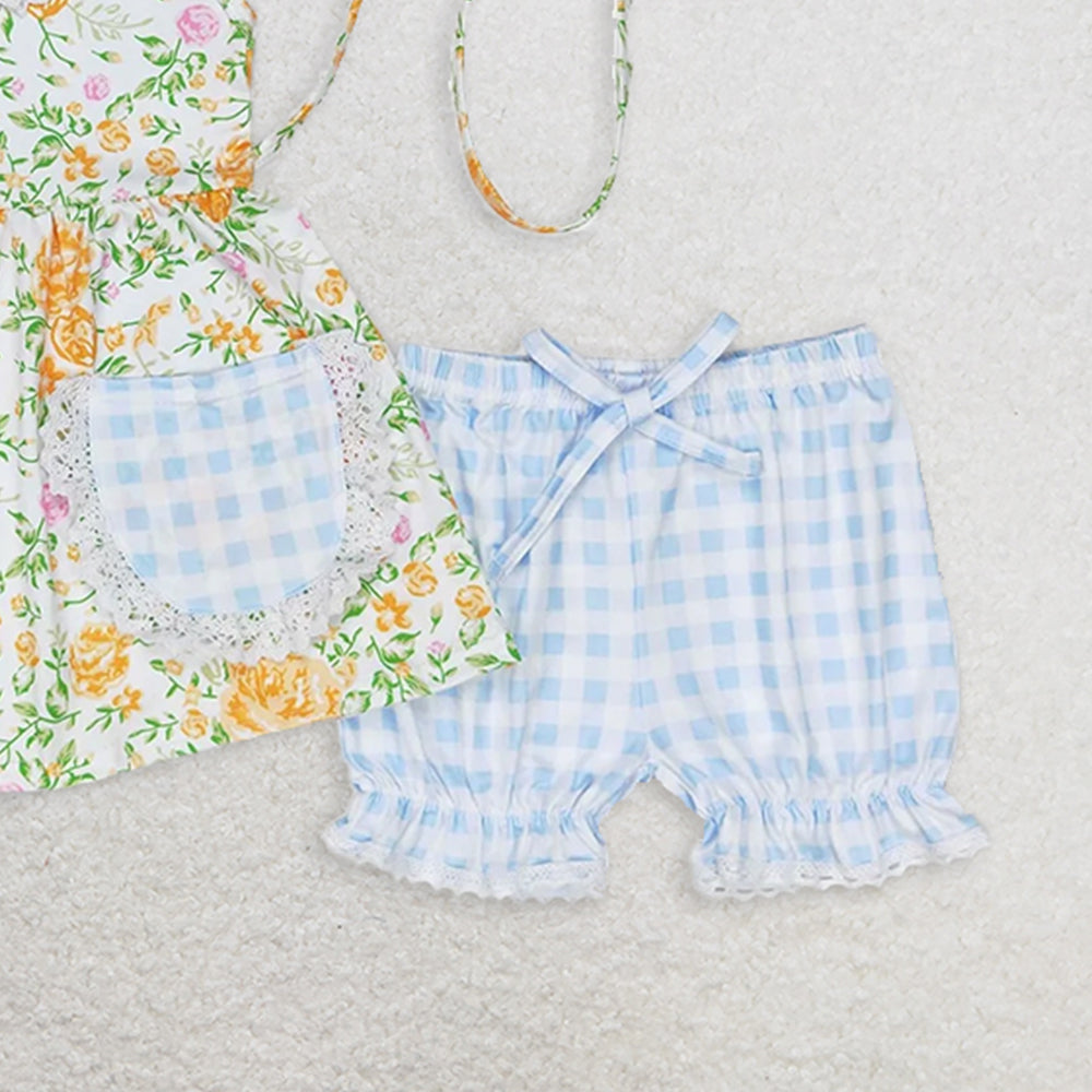 GSSO0871 RTS NO MOQ Baby Girls Summer Outfits Yellow flower green leaf pocket sleeveless plaid shorts suit