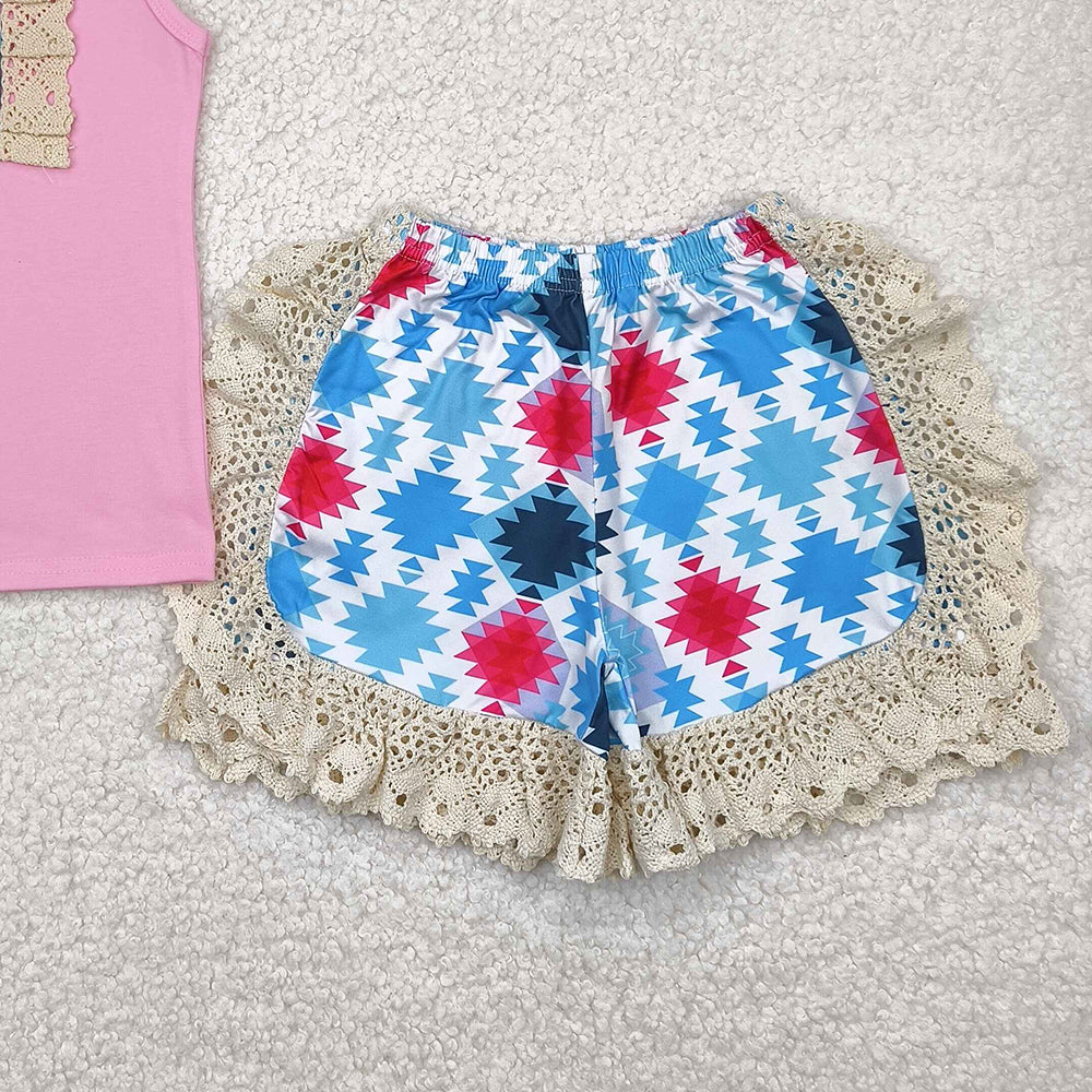 7.16  C7-5-1 RTS NO MOQ Baby Girls Summer Outfits Baby girls pink top aztec lace ruffle shorts outfits sets