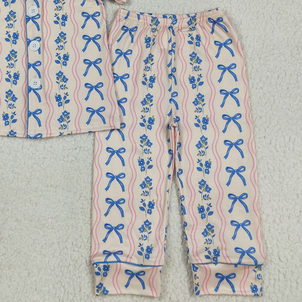 RTS NO MOQ （In stock）GSPO2050 Baby Girl Autumn Outfits Baby Girls Short Sleeves Blue Bows Flower Stripe Top Pants Pajamas Sets