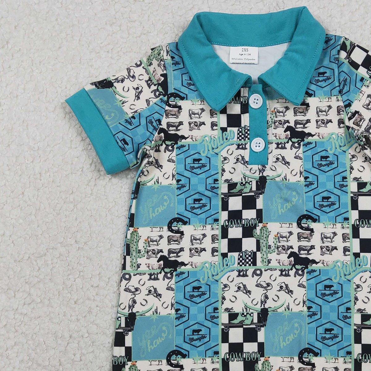 1.19 RTS NO MOQ （In stock）SR3723 Baby Boys Short Sleeve Boot Horses Cowboy Western Button Rompers