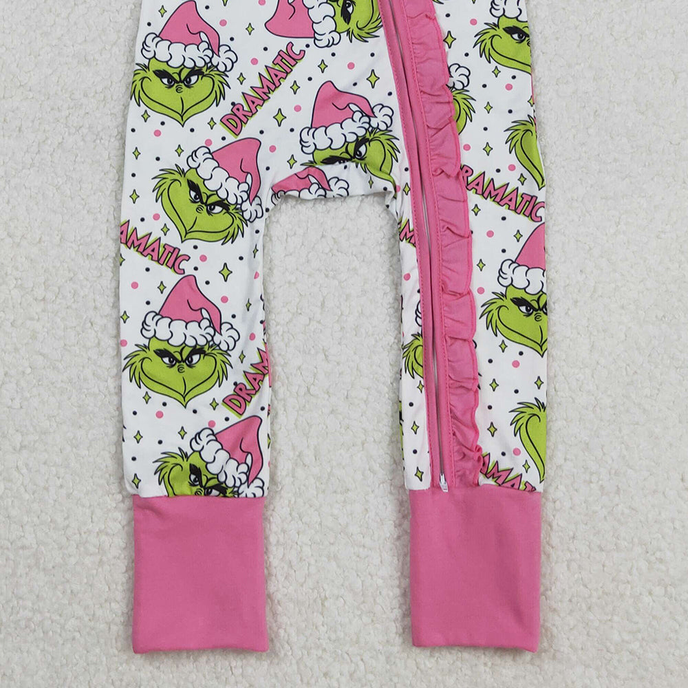 RTS NO MOQ （In stock）LR2495 Baby Girls Winter Rompers Baby Girls Green Faces Stars Plaid Ruffle Zipper Christmas Rompers