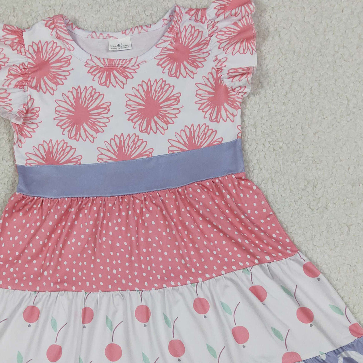 4.11 GSD4090 RTS NO MOQ （In stock ）Baby Girls Flutter Sleeve Daisy Peaches Patchwork Knee Length Dresses