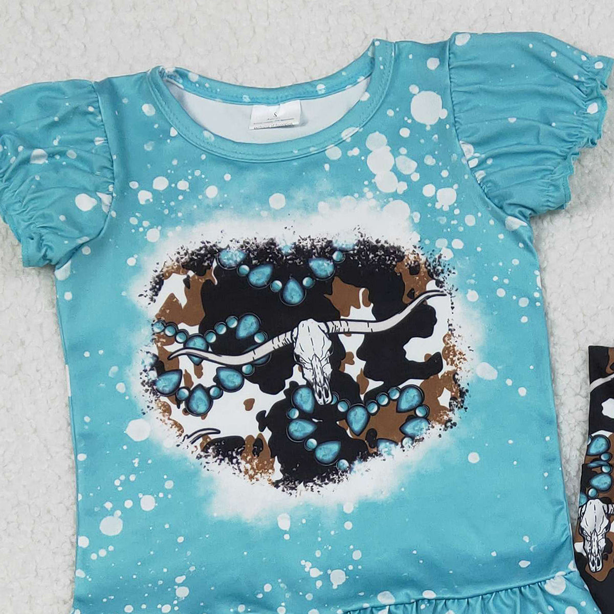 1.20 RTS NO MOQ （In stock）GSPO2116 Baby Girls Bull Skulls Turquoises Top Bell Bottom Pants Western Clothes Sets
